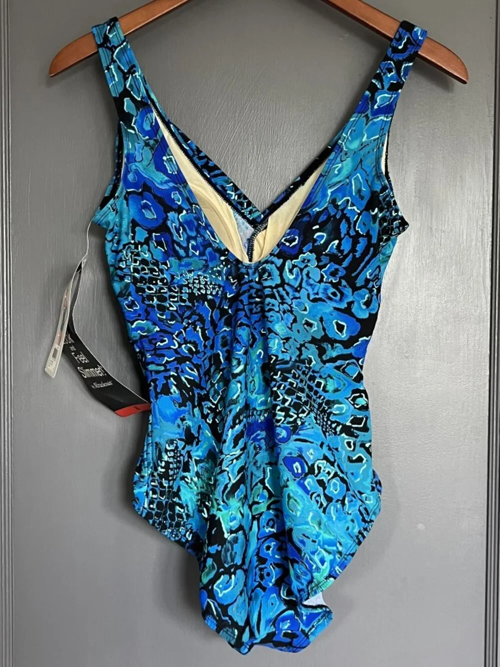 NWT Kirkland Miraclesuit Crossover Drape One Piece Swimsuit Blue Metallic Size 8